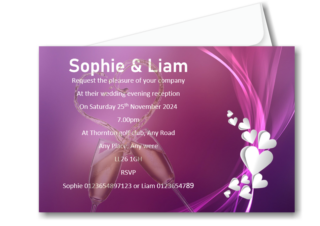 Stylish Lilac/Purple With Hearts Wedding Evening Invitation Ref WE72