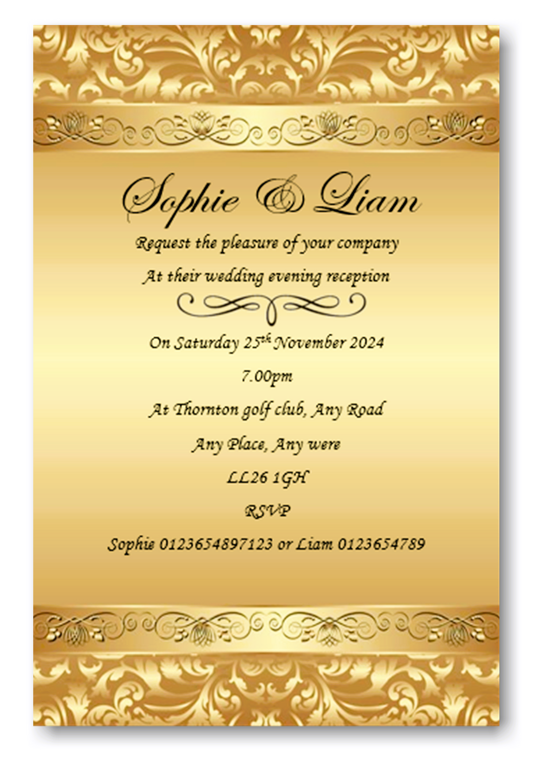 Beautiful Gold Wedding Evening Invitation Ref WE73