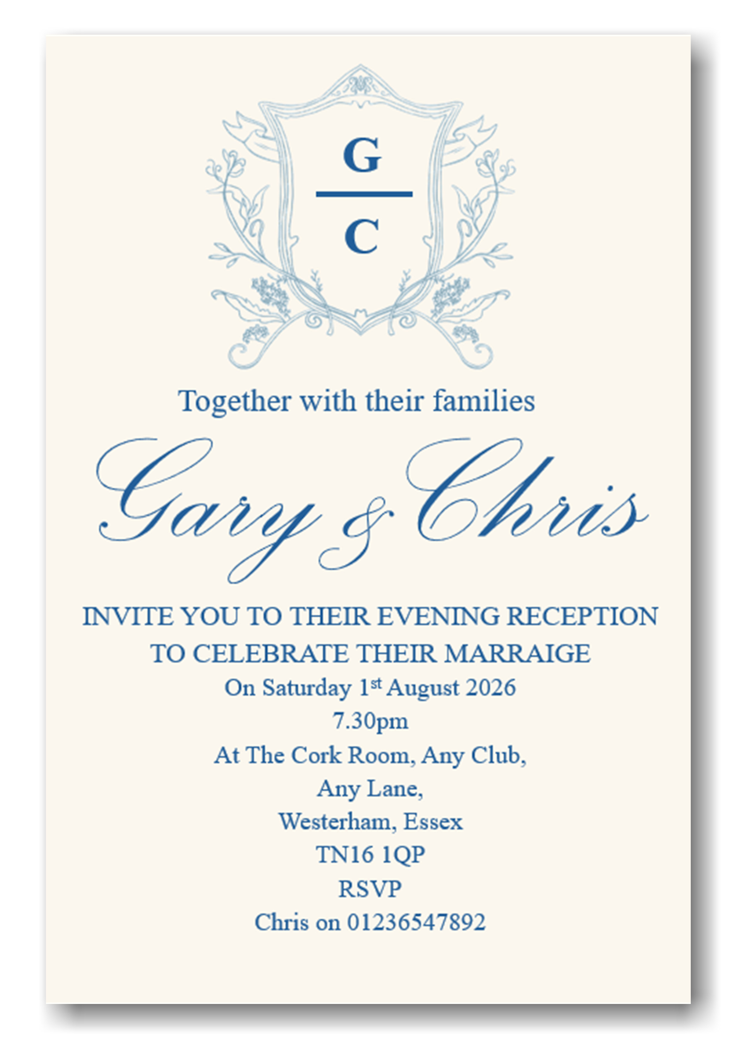 Classic Cream & Blue Wedding Evening Invitation Ref WE77