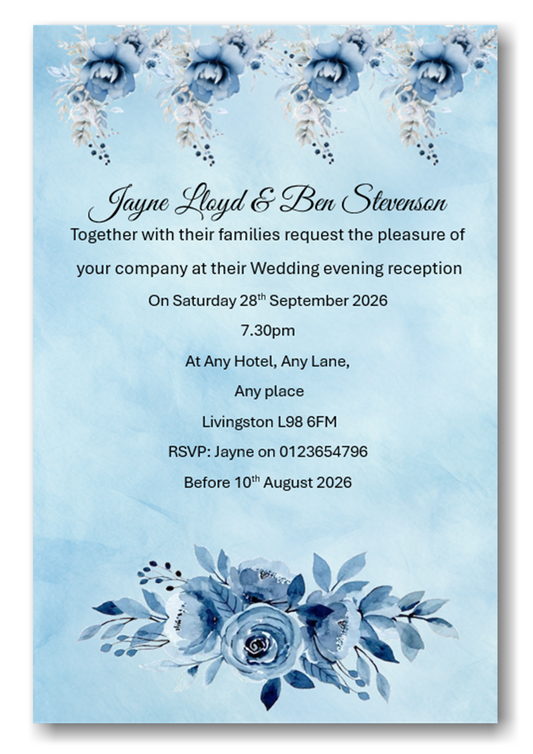 Beautiful Wedding Evening Invitation Blue Floral Ref WE79