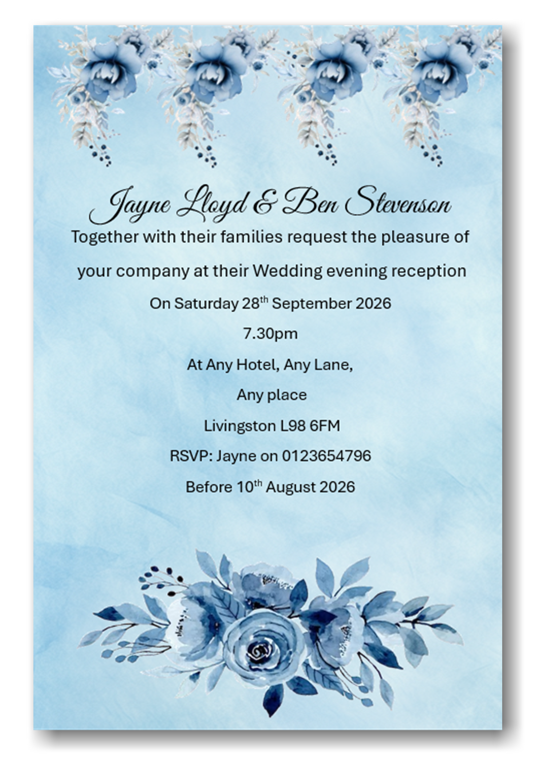 Beautiful Wedding Evening Invitation Blue Floral Ref WE79