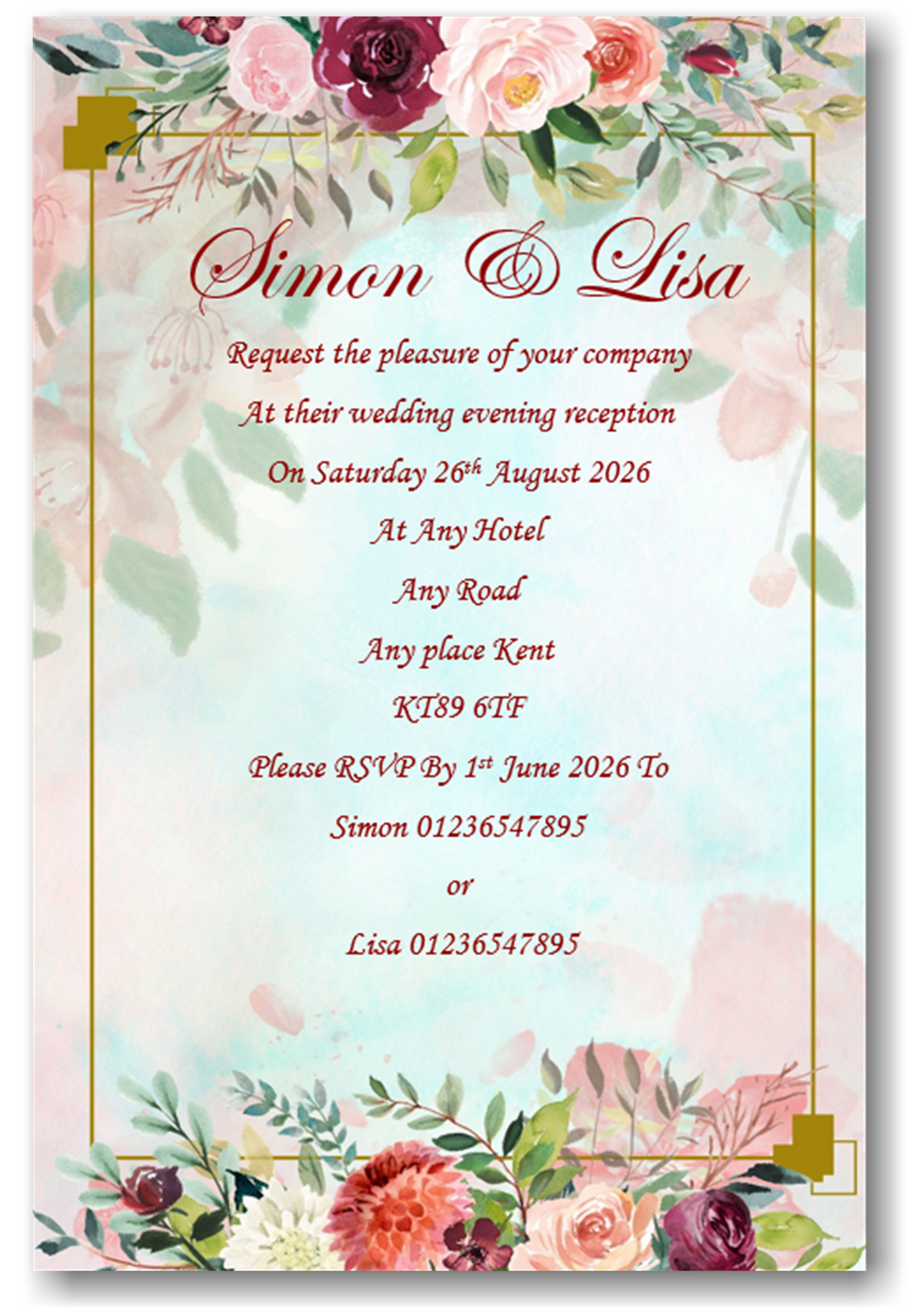 Beautiful Floral Wedding Evening Invitation Ref WE80