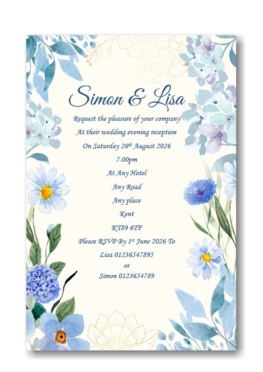 Beautiful Blue Floral Wedding Evening Invitation Ref WE81