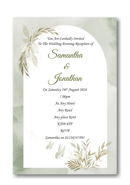 Beautiful Olive Green Wedding Evening Invitation Ref WE82