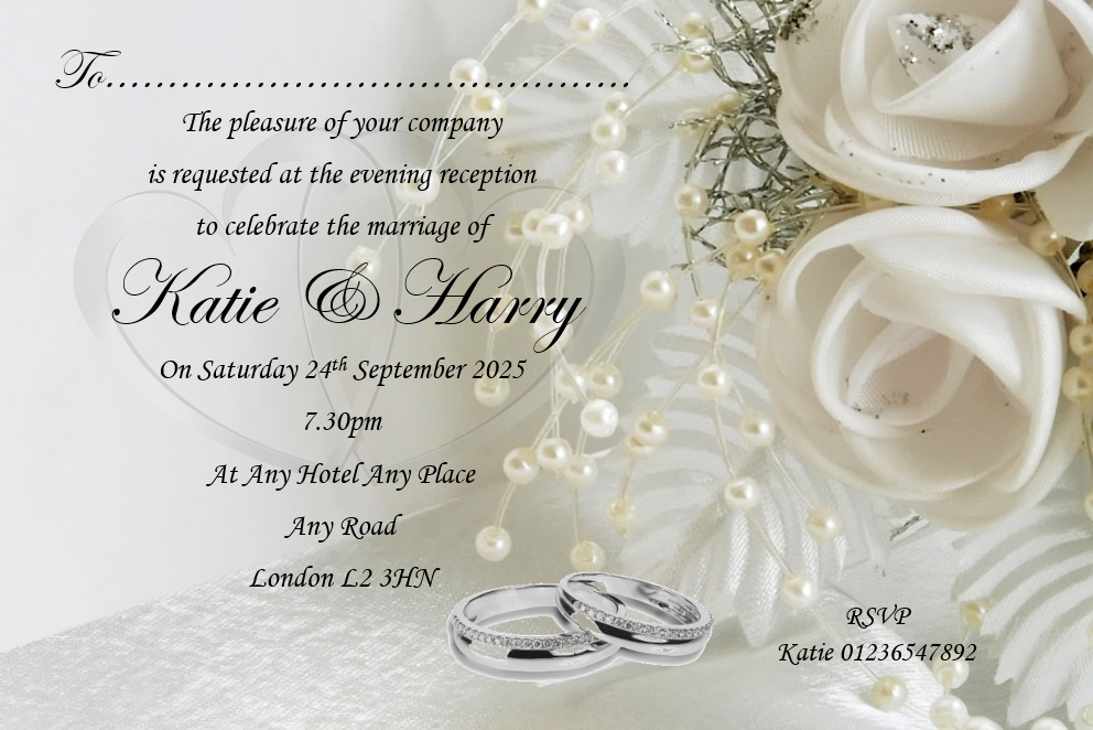Personalised Wedding evening write on invitations Ref WE8 a classic rose design that is simply timeless