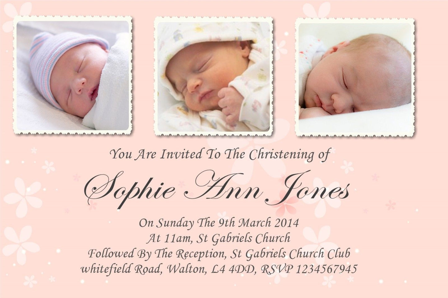 Beautiful, Classy 3 photo Christening & Baptism Invitation, in pink a truly unique invitation Ref C2