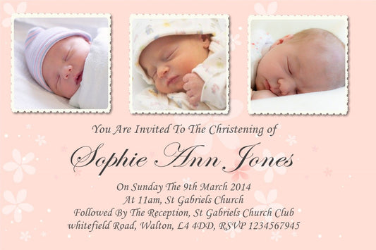 Beautiful, Classy 3 photo Christening & Baptism Invitation, in pink a truly unique invitation Ref C2