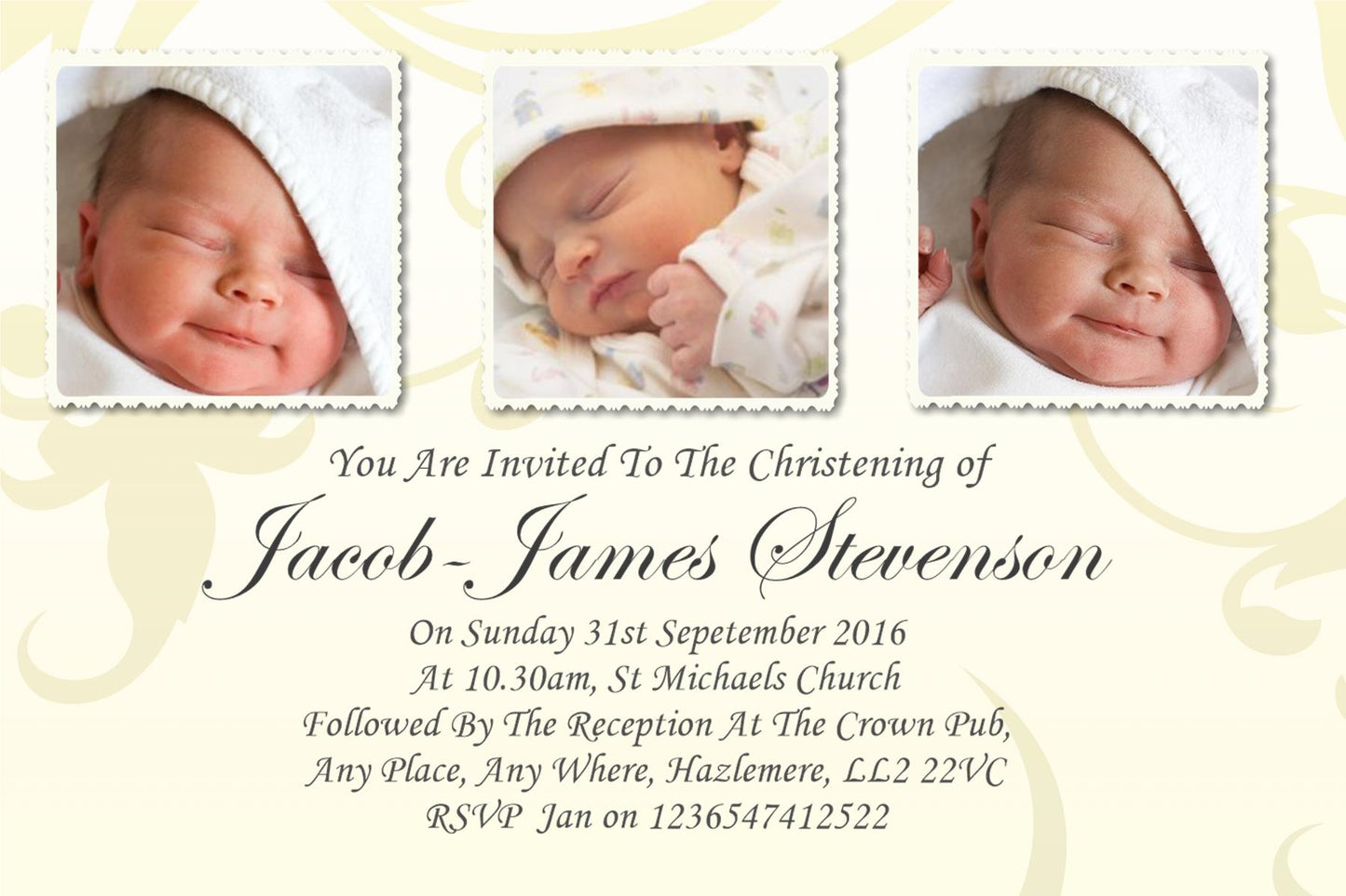 Beautiful, Classy 3 photo Christening & Baptism Invitation, in cream a truly unique invitation Ref C3