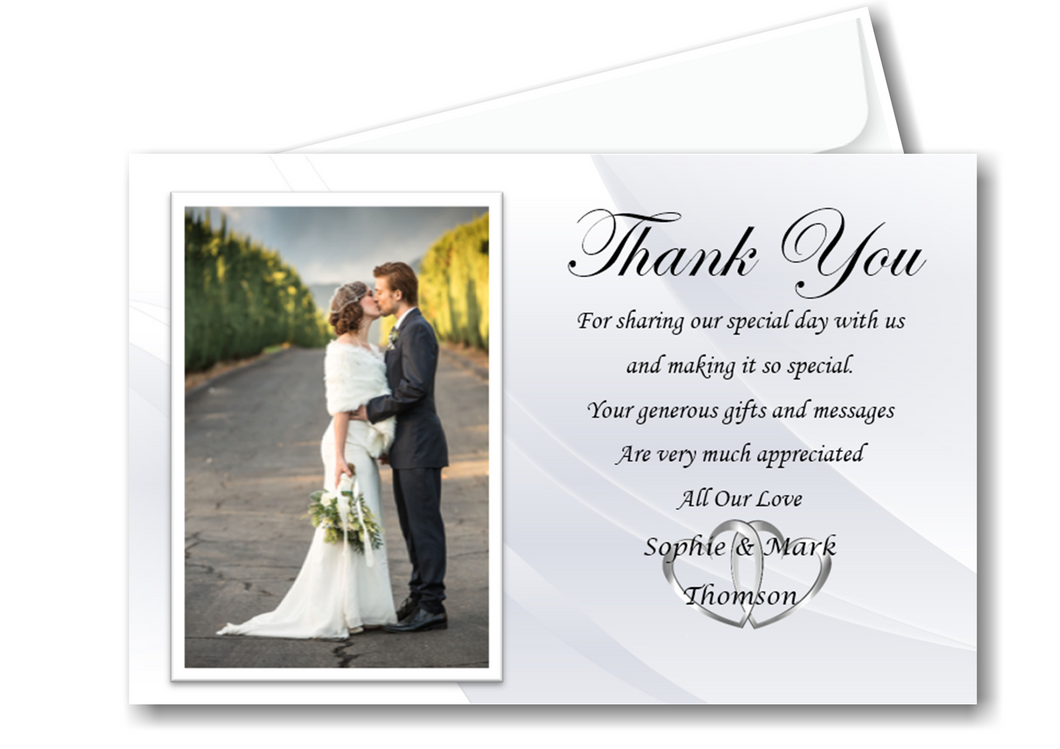 Wedding Thank You Cards Ref W3 a soft grey background with a large photo of the special couple