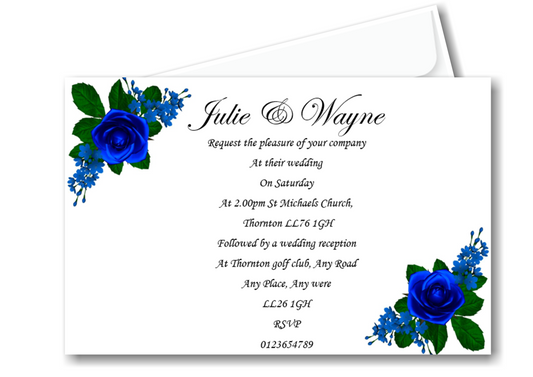 Wedding Day Invitation Ref W63 a simple but classy blue and white design with blue flowers.