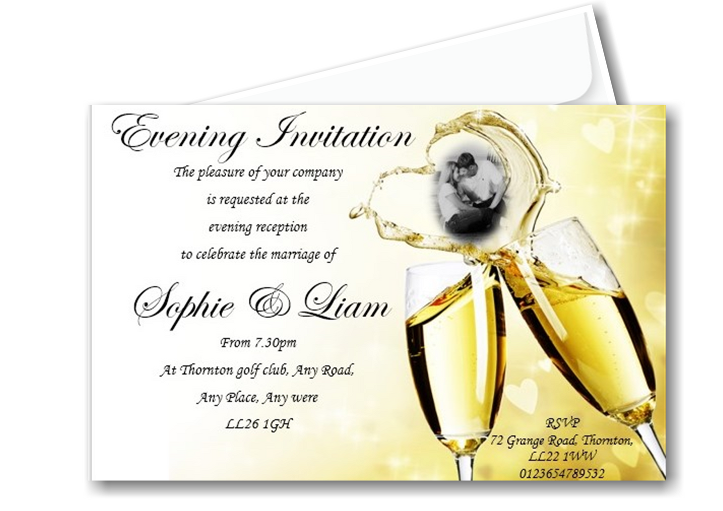 Wedding Day Evening Invitation Ref WE-GP stunning gold design that has a photo of the special couple